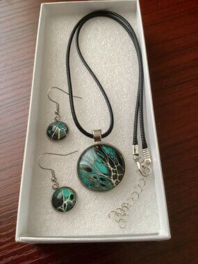 Handmade Fluid Art Necklace & Earrings Set by B. Almeida – Teal/Silver Abstract